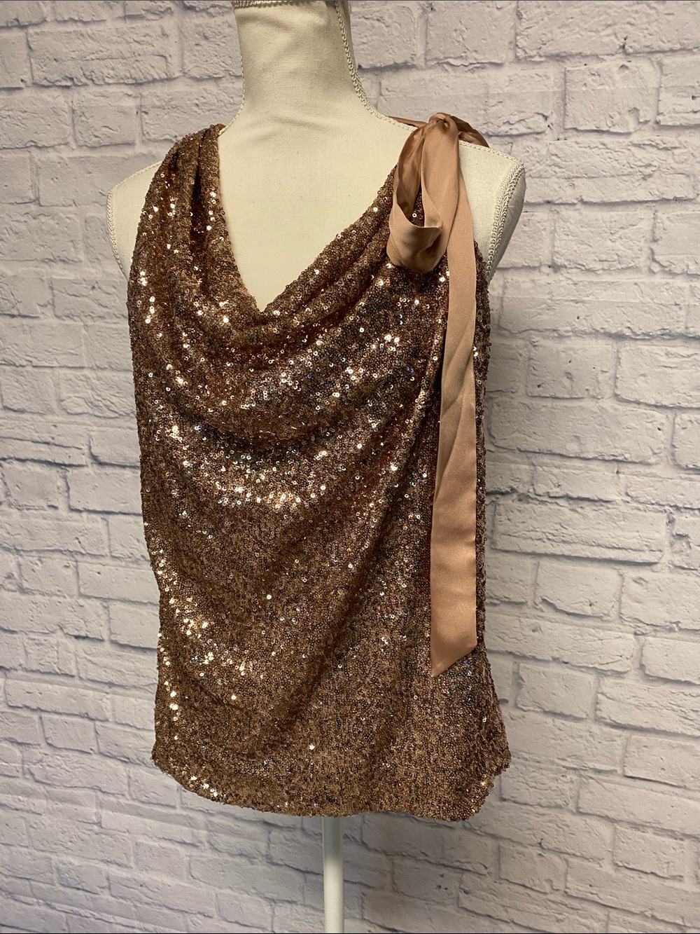 Ann Taylor Bronze Sequin Cowl-Neck Top with Satin Shoulder Tie Size Large